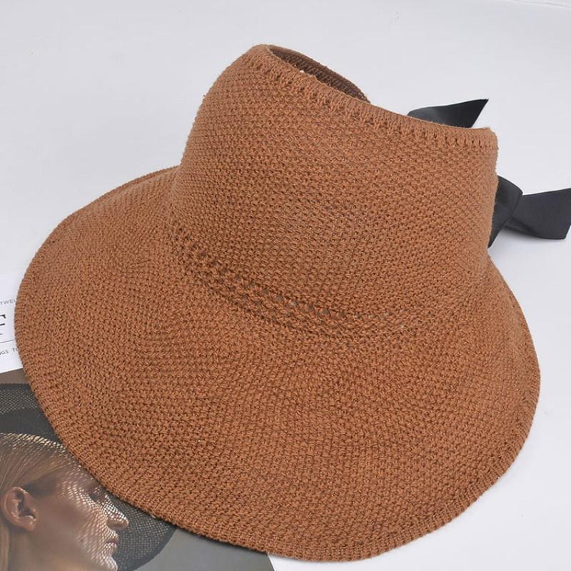New Knitted Empty Top Hat Female Summer Sunscreen Bow Big Hat Straw Hat Outdoor Sun Hat