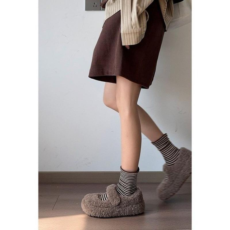 Shoes Mary Jane Shoes Versatile Velcro Night Shallow Mouth New Thick Sole One Pedal Lazy Winter Velvet Retro
