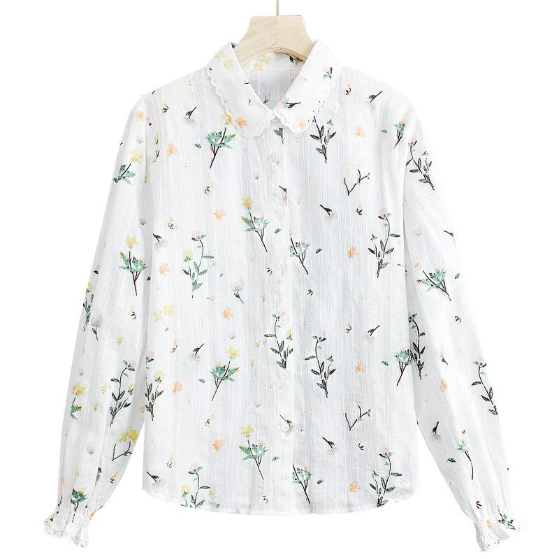 

Pastoral Style Embroidered White Shirt for Women s Spring Clothes New Lace Lapel Temperament Lady Pure Cotton Embroidered Shirt M білий
