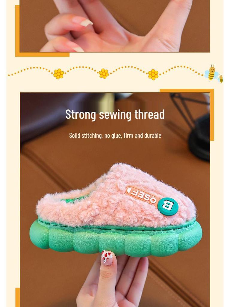 Children's Furry Cotton Slippers for Boys & Girls - Cozy Indoor Shoes for Baby & Parent, Ideal for Autumn & Winter.