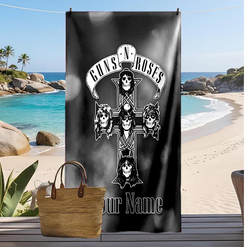 Asciugamano da Spiaggia Personalizzato Guns N’ Roses, Stampa il Tuo Nome Testo Asciugamano Leggero Assorbente per Nuoto Viaggio