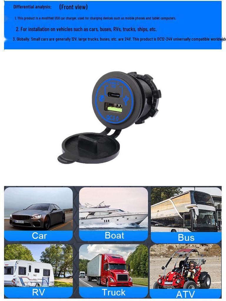 Dual Port USB QC+PD Fast Charger for Car and Motorcycle
