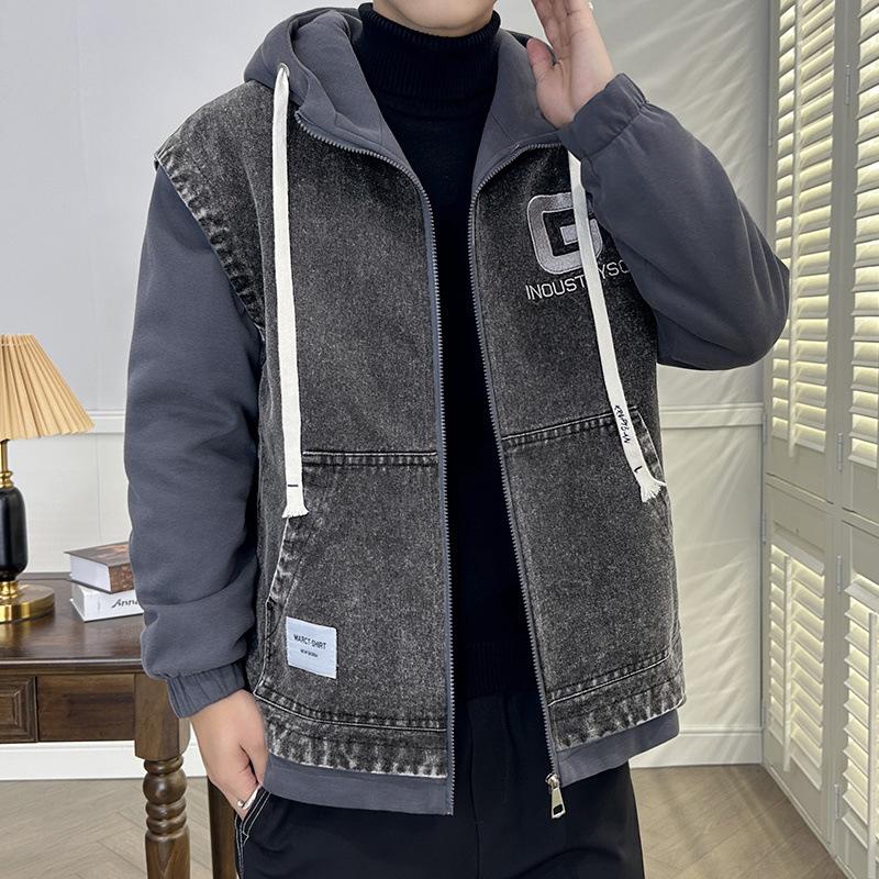 Denim Jacket Men's Autumn and Winter Teenage Students Daily Casual Denim Fake Two-piece Hooded Jacket Plus Velvet