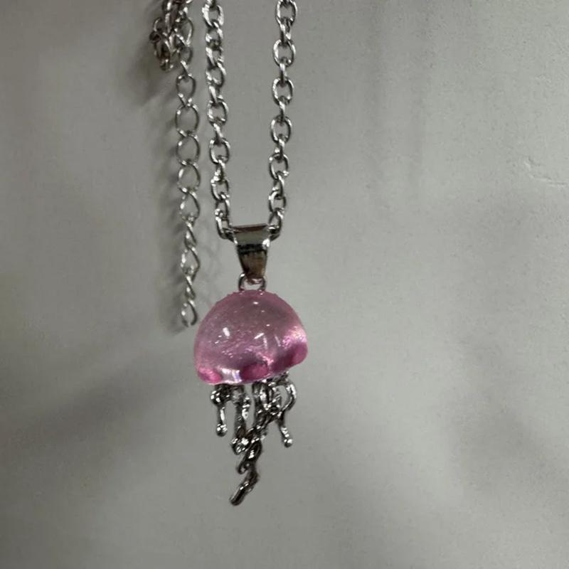 

Dreamy Blue pink Jellyfish Pendent Necklace For Women Vintage Couple Elegant Long Tassels Charms Necklace Simple Jewelry розовый