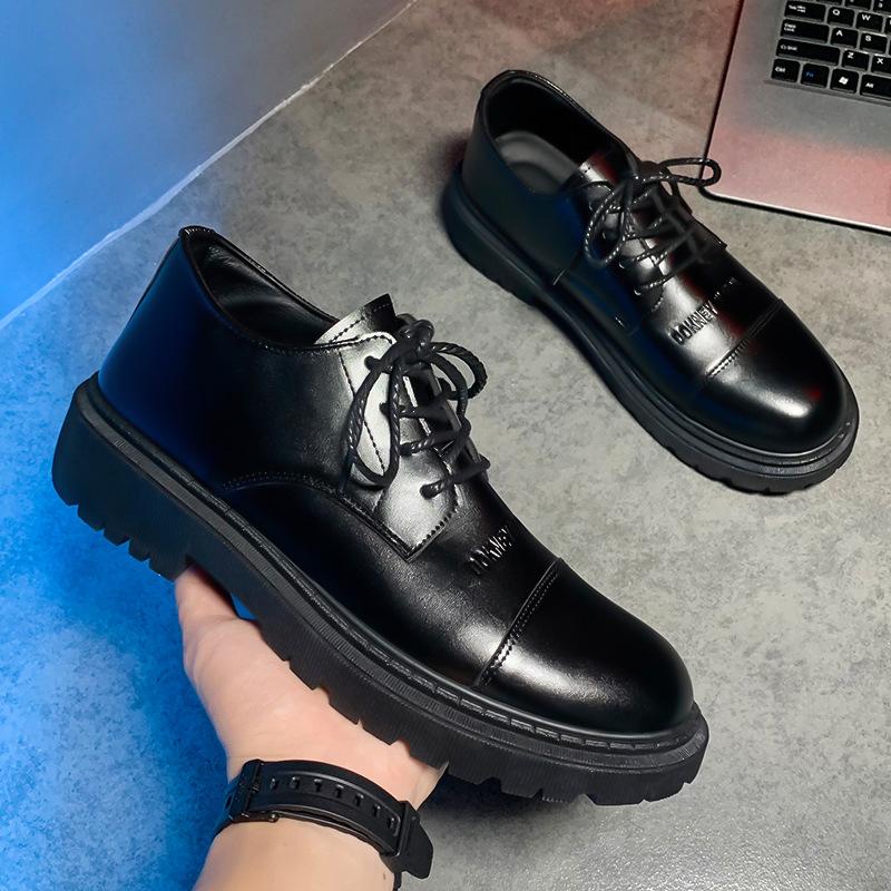 Business Men's Formal British Style Platform Heightening Shoes Pure Leather Shoes Black Casual Simple Men's Shoes Autumn