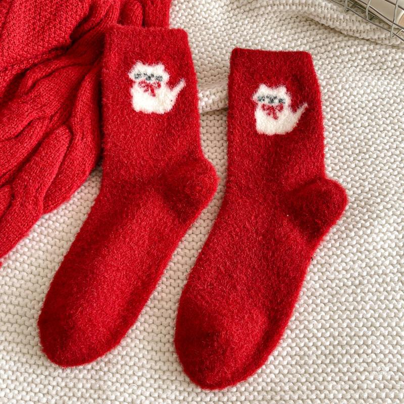 Thickened New Year'S Stockings, Red Bright Red Medium Tube Socks, Australian Velvet Cat Socks, Year Of The Horse Cartoon To Keep Warm In Winter