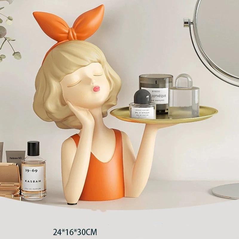 INS Style Resin Girl Tray Figurine – Modern Desktop Home Decorative Ornament