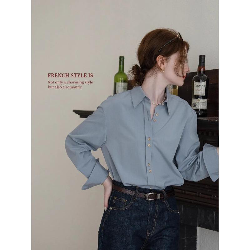 

Womens Casual Solid Color Long Sleeve Button Down Shirt S синий