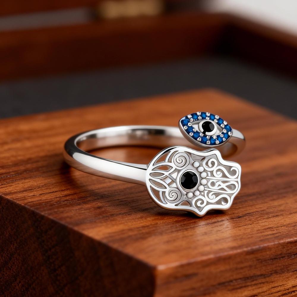  Silver Plated Lucky Hand of Fatima Opening Ring Zircon Teardrop Lotus Evil Eyes Stackable Rings Party Jewelry Gift