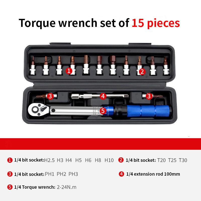 15PCS Torque Wrench Set 1/4" 2-24nm Bi-directional Bicycle Hex Wrench Tool Professional Maintenance And Car Moto Repair Tools