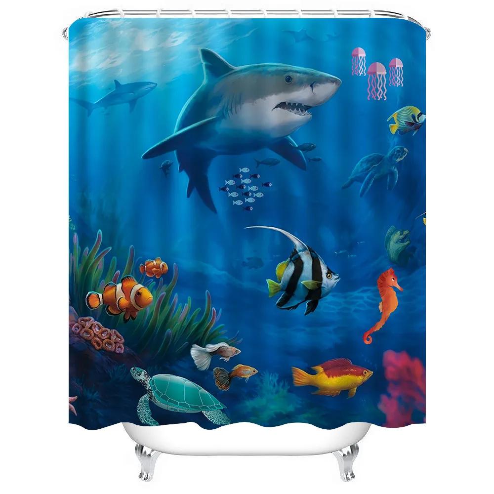 1pc Shark Ocean Shower Curtain Bathroom Partition Decorative Curtain Machine Washable Ocean World Print Window Privacy Curtain