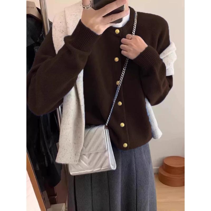 White raspberry powder small gold button knitted cardigan women's autumn and winter soft waxy thickened warm crew neck sweater jacket