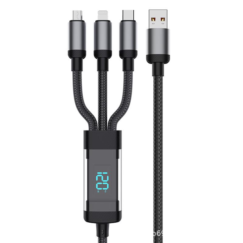 120W Smart Digital Display 3-in-1 Fast Charging Cable for Huawei, Apple 15, Xiaomi, and Android Devices