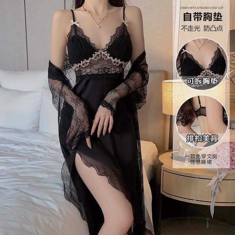 Women's Silky Padded Backless Cami Sleep Dress with Mesh Robe for Summer