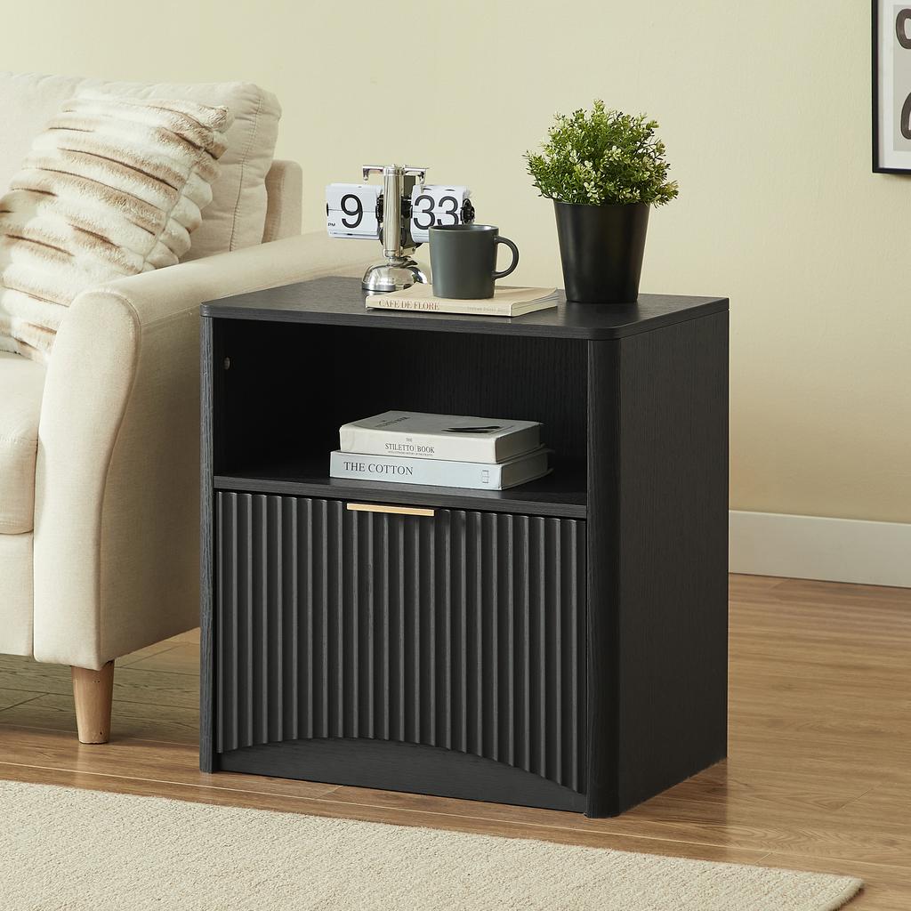Grooved nightstand with open drawer and gold handles, space-saving, suitable for bedroom and living room, black