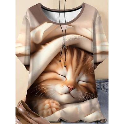 Comfortable and Casual Painting Style, Cute Animal and Cat Elements, 3D Printed Pattern, Women's Clothing
