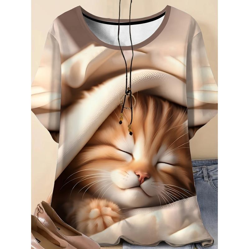 Comfortable and casual painting style, cute animal and cat elements, 3D printed pattern, women s clothing S