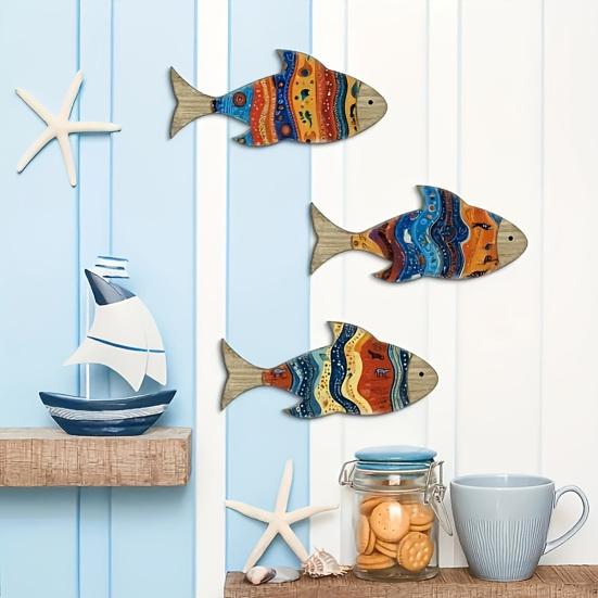 3Pcs/Set Nautical Wooden Fish Wall Decoration Farmhouse Rustic Colorful Fish Wall Art Sculpture Home Living Room Bathroom Wall Decorative Sign