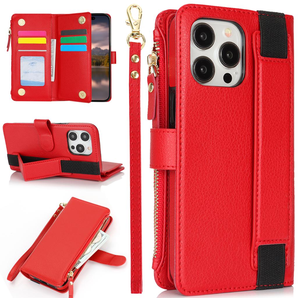 XL-001 For iPhone 15 Pro Case Zipper Pocket Wristband Stand Leather Phone Cover