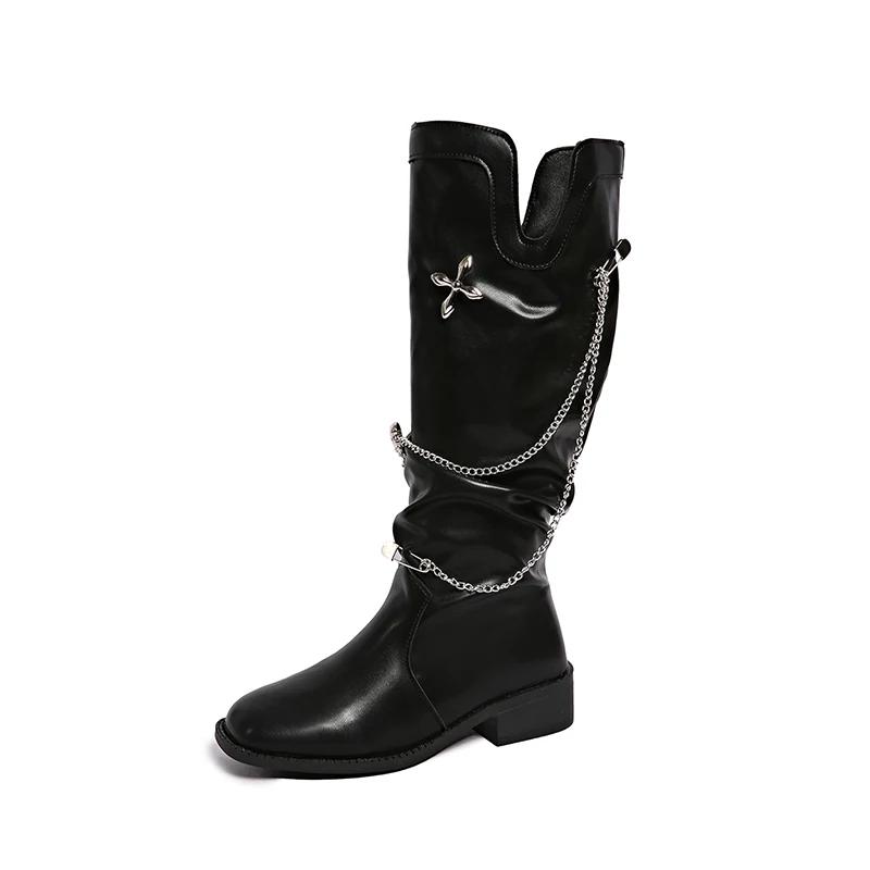 Stivali Lunghi da Donna con Catena al Ginocchio Scarpe con Tacco Inverno Marca di Designer Chelsea Stivali Lunghi 2026 Sexy Scarpe in Pelle Chunky Mujer Botas