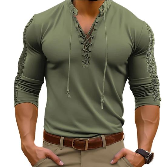 T-shirt da uomo slim fit tinta unita con scollo a V e lacci a maniche lunghe, top muscolari, camicie da uomo adulte ad alta elasticità