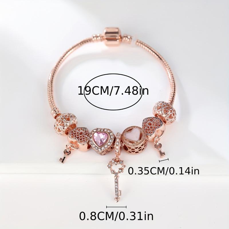 1 pulsera con colgante de llave de corazón de color oro rosa para mujer, pulsera de cuentas con dijes, regalo de joyería