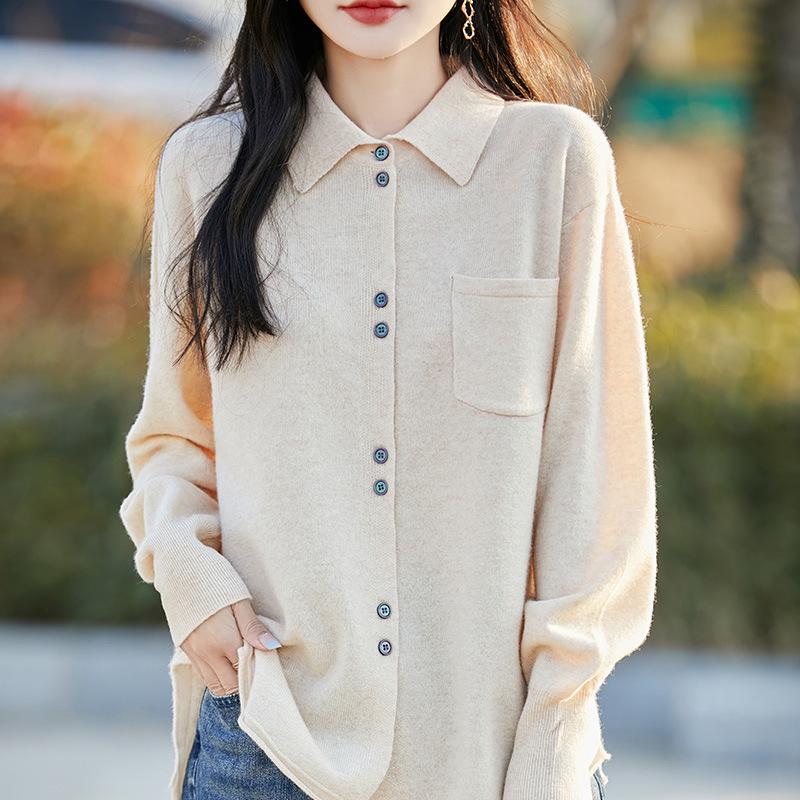 Women's Pure Wool Knit Cardigan Jacket - Spring/Autumn 2025 POLO Collar, Korean Style, Slimming, Loose Fit, Button-Up Sweater