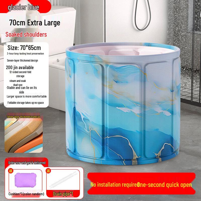 Folding Insulated Adult Soaking Tub - Anti-Rollover, Cotton-Padded, Large Size (Blue/Pink)