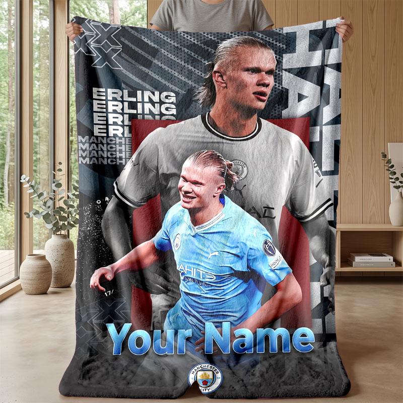 Erling Haaland Custom Name Text Flannel Blanket Soccer Logo Personalized Fleece Throw Blanket Special Gift For Sofa Bedroom Home