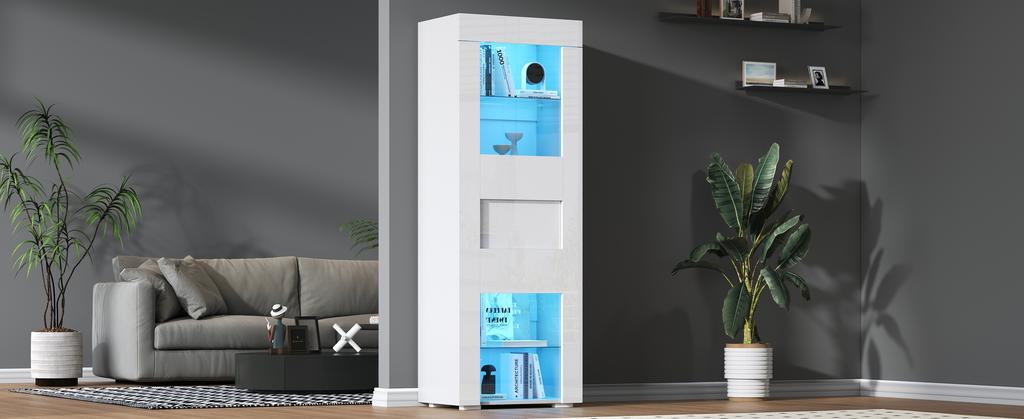 60*40*170cm Cabinet, Display Cabinet with Acrylic Door, High Gloss Storage Cabinet with LED Lighting, 2 Glass Shelves, Highboard, White