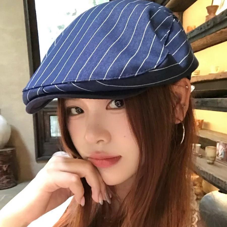 Lace Ribbon Bow Striped Forward Hat Women's Spring and Autumn Retro Literary All Match Face Showing Small Beret Hat Trend