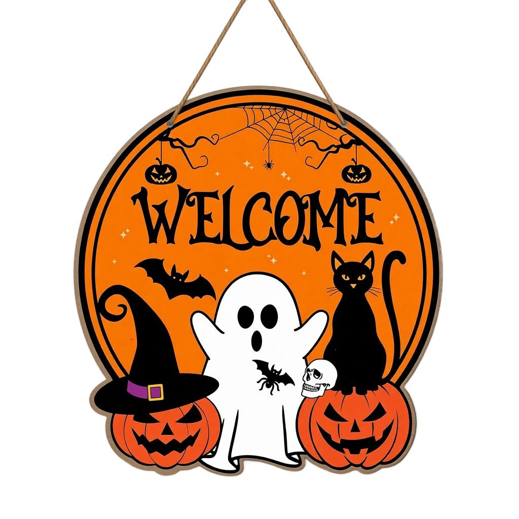 Halloween Wooden Hanging Sign Welcome Door Plaque Wall Decoration with Pumpkin Ghost Black Cat Bat Spider Web Theme for Party Home Craft