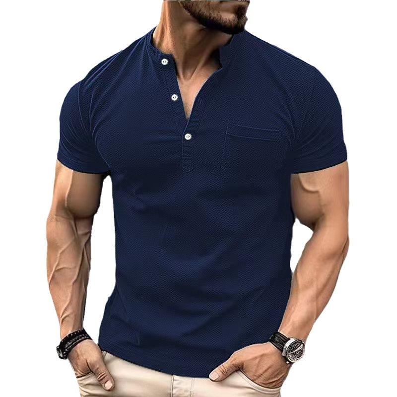 Men's Casual Polo Shirt V-neck Solid Color Versatile T-shirt Top