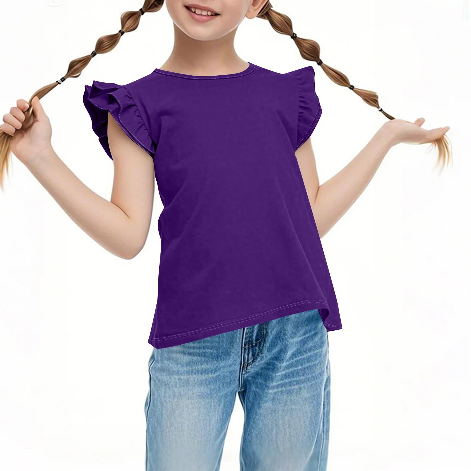 

Детский повседневный топ с короткими рукавами и складками, милый, с круглым вырезом, однотонный 140 фиолетовый