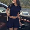 Women Casual Sport T Shirt Two Piec Sets Summer Fashion Short Sleeve Short T-shirts Slim Top + Waist Drawstring Shorts 2pcs Set