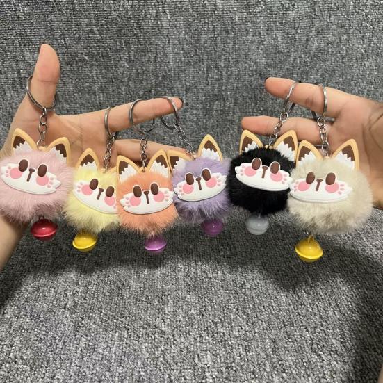 Sleutelhanger Hanger met Bel Bont Vos Gezicht Roze Pootafdrukken Zacht Pluche Sleutelhanger Tassen Rugzakken Decoratieve Accessoires
