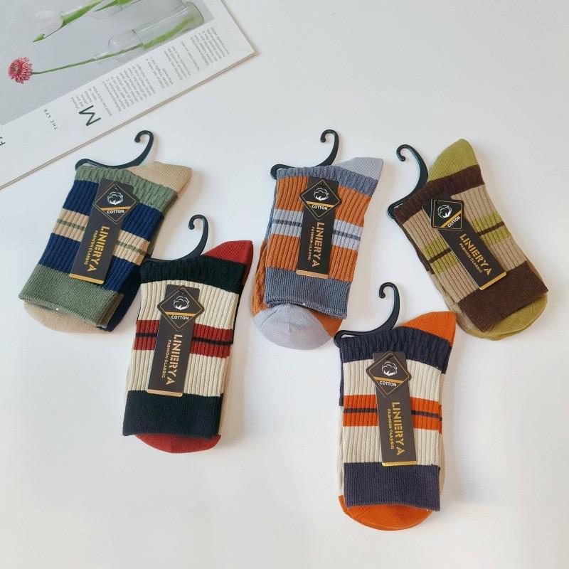 Men's Double-Needle Striped Mid-Calf Socks - Thick Warm Cotton for Autumn/Winter