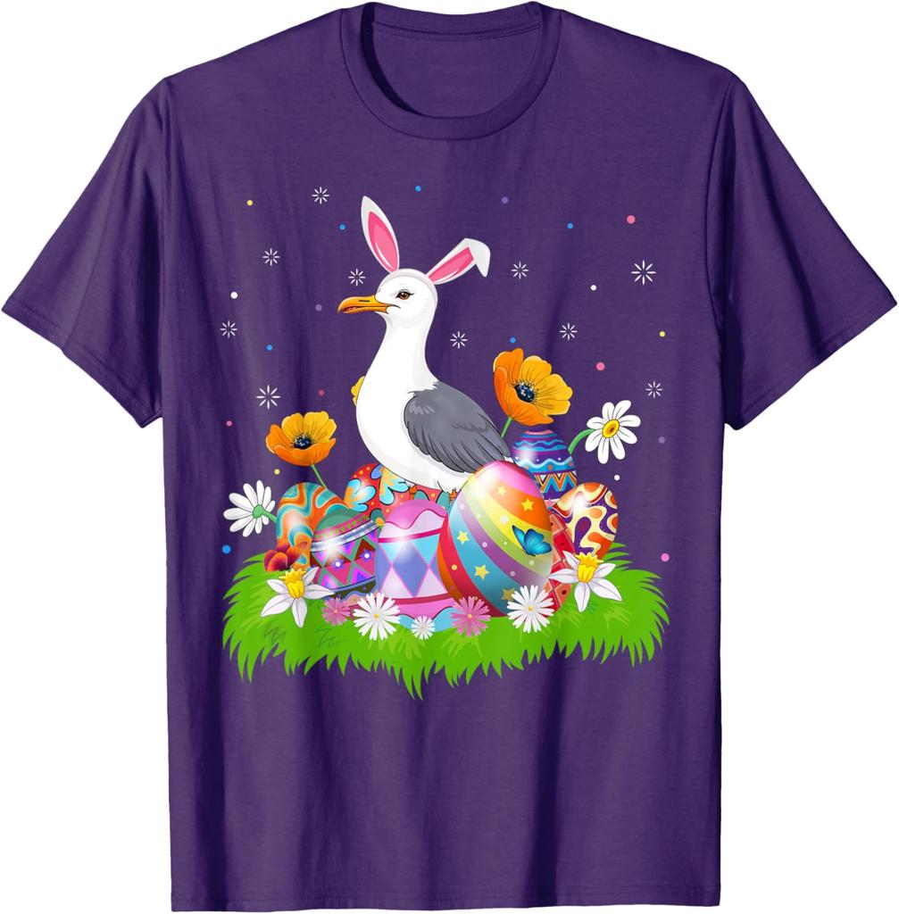 Seagull Bunny Ears Easter Eggs Graphic Tee Men Casual Cotton Short Sleeve T-Shirt