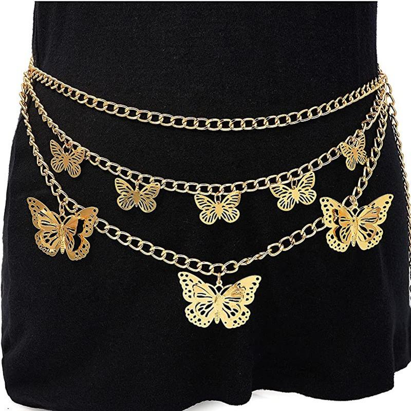 Temperament Metal Hollow Butterfly Pendant Waist Chain Female, Versatile Multi-layer Aluminum Chain Body Chain