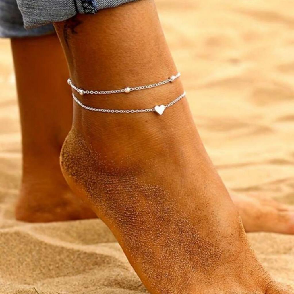 Single-piece Silver Double-layered Heart Anklet. A Unique and Simple Beach Accessory, Suitable for Seaside Vacations and Leisure