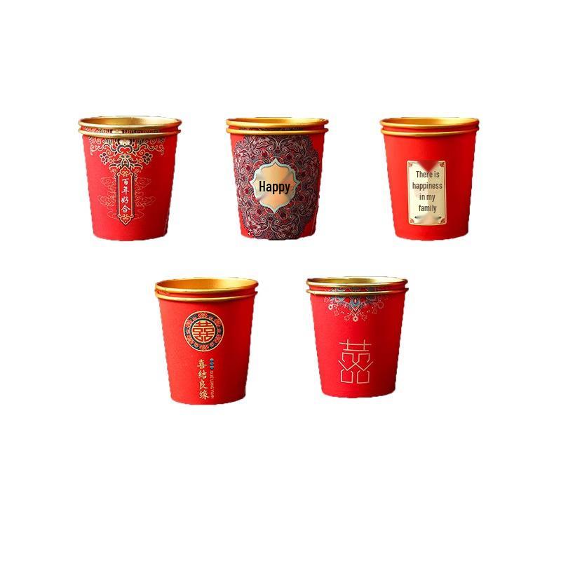 Red and Gold Foil Wedding Anniversary Disposable Cups - Thickened Engagement Tea or Water Cups
