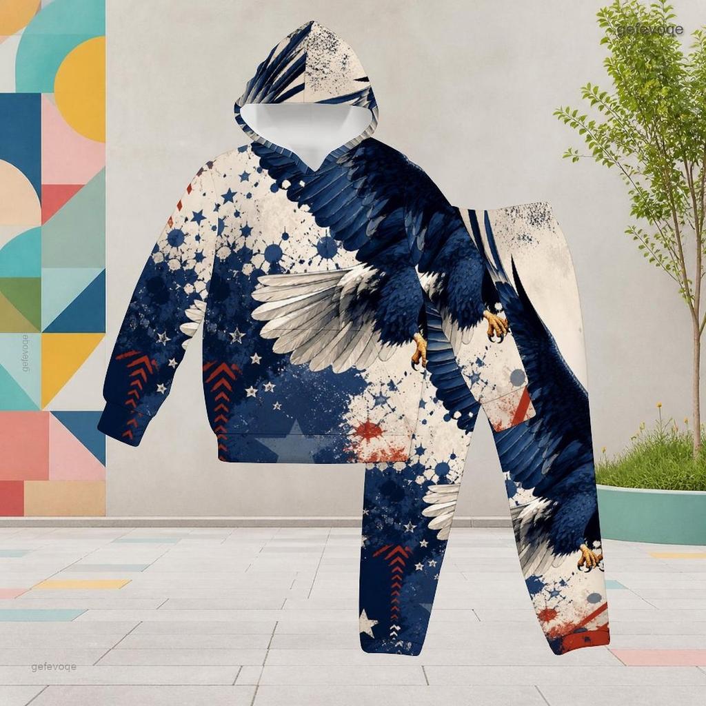Girls Hooded Long Sleeve Star Firework Printed Dark Blue Two Piece Outfit Kangaroo Pocket Cuffed Pants Set