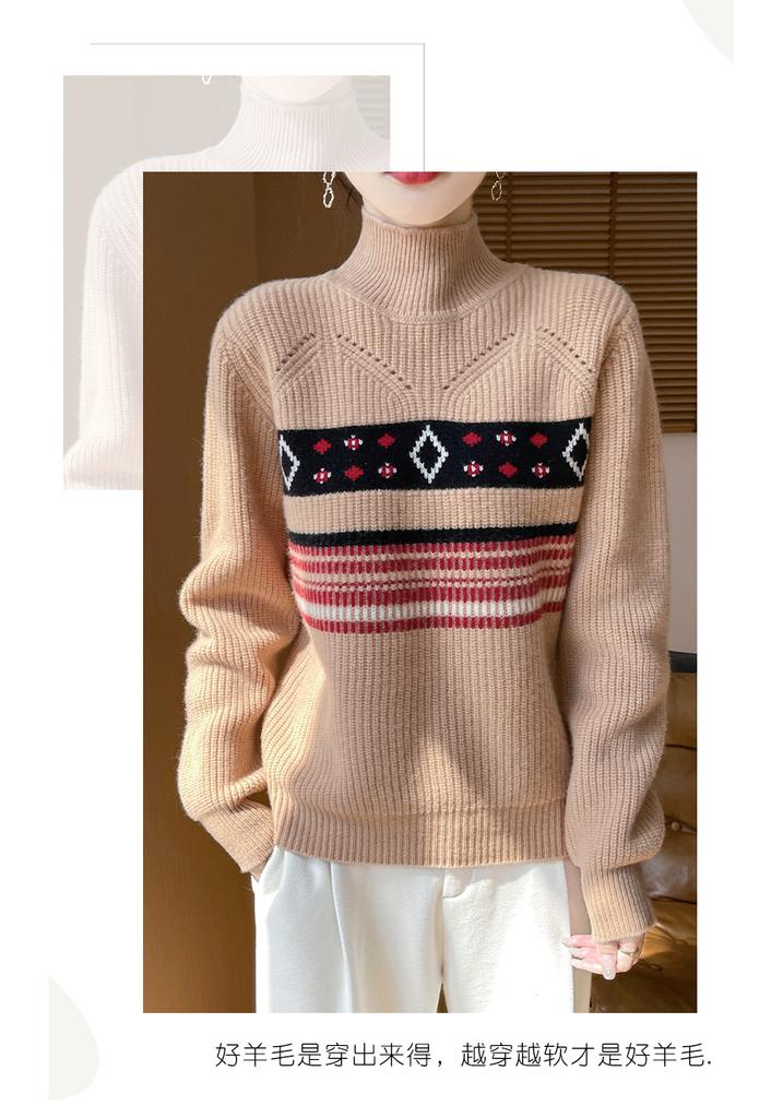 100% pure wool comfortable half height jacquard pullover sweater