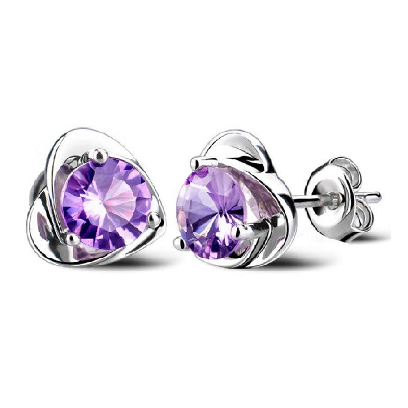 Purple Heart Diamond Stud Earrings – 925 Silver Needle, Fashion Sweet Style for Females and Students
