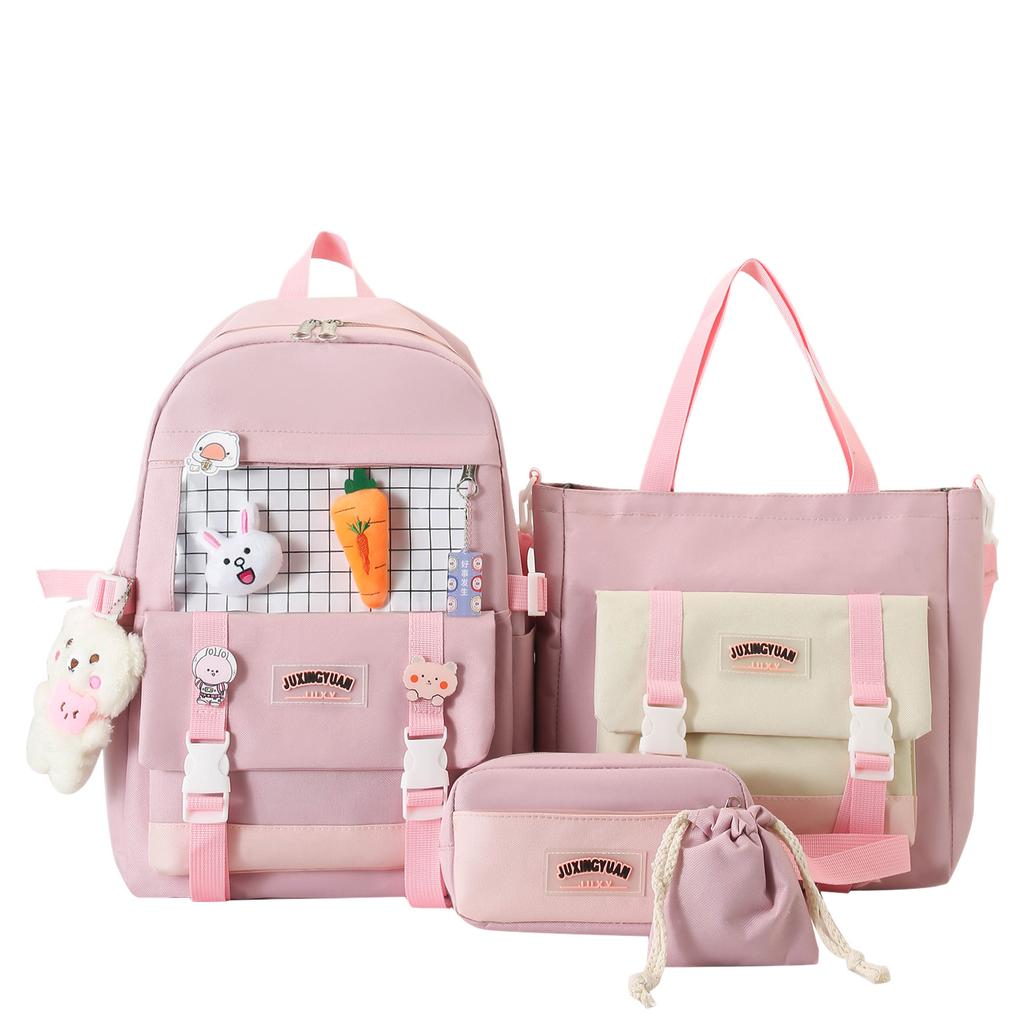 Korean Version of Fashion Trend Casual Large Capacity Foreign Style Versatile Backpack Small Fresh Japanese Four-piece Set Student Schoolbag
