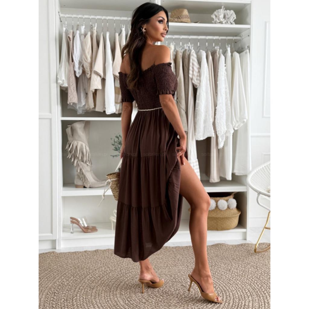 Summer European American Women's Solid Color Off-the-shoulder Short Sleeve Elastic Waist Tie Patchwork Dress