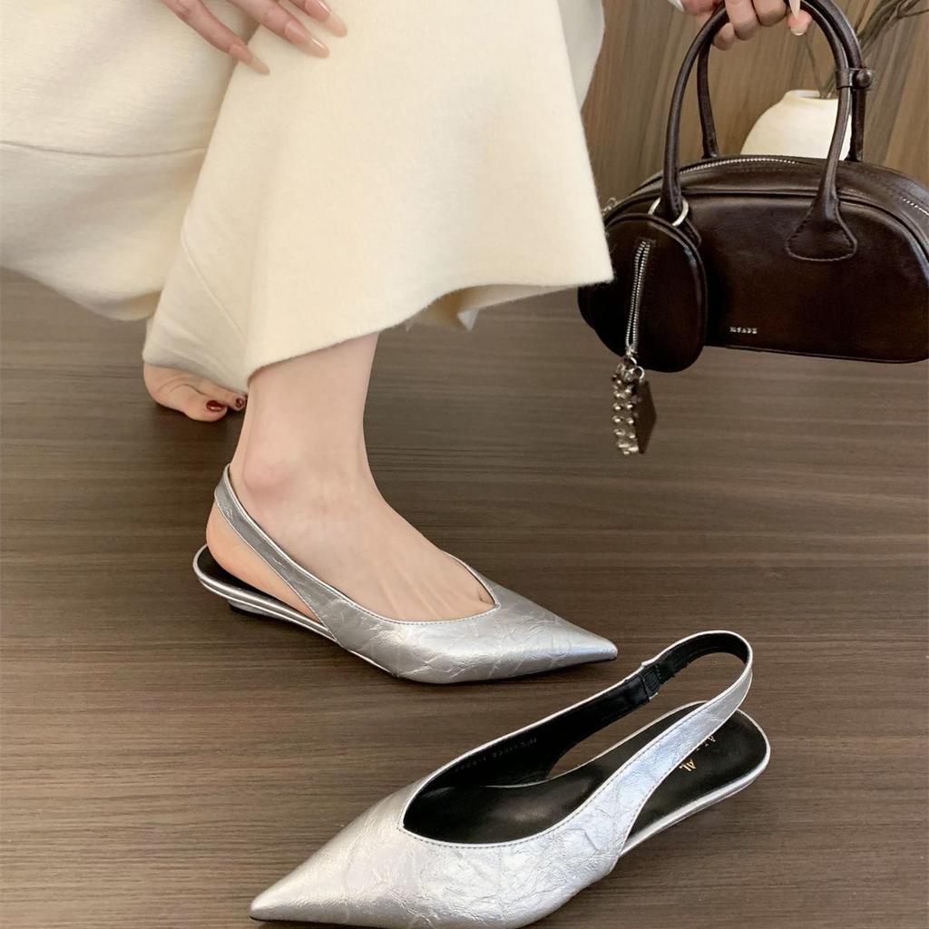 French temperament wedge heel pointed back empty muller shoes bag head sandals women 2025 summer gentle fairy style evening shoes