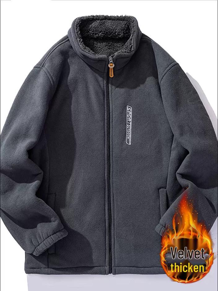 Men's Autumn Winter Stand Collar Thick Fleece-Lined Lambswool Jacket