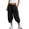 Women Elastic High Waist 3/4 Pant Casual Fit Wide Capris Leg Pants Trousers With Pockets
