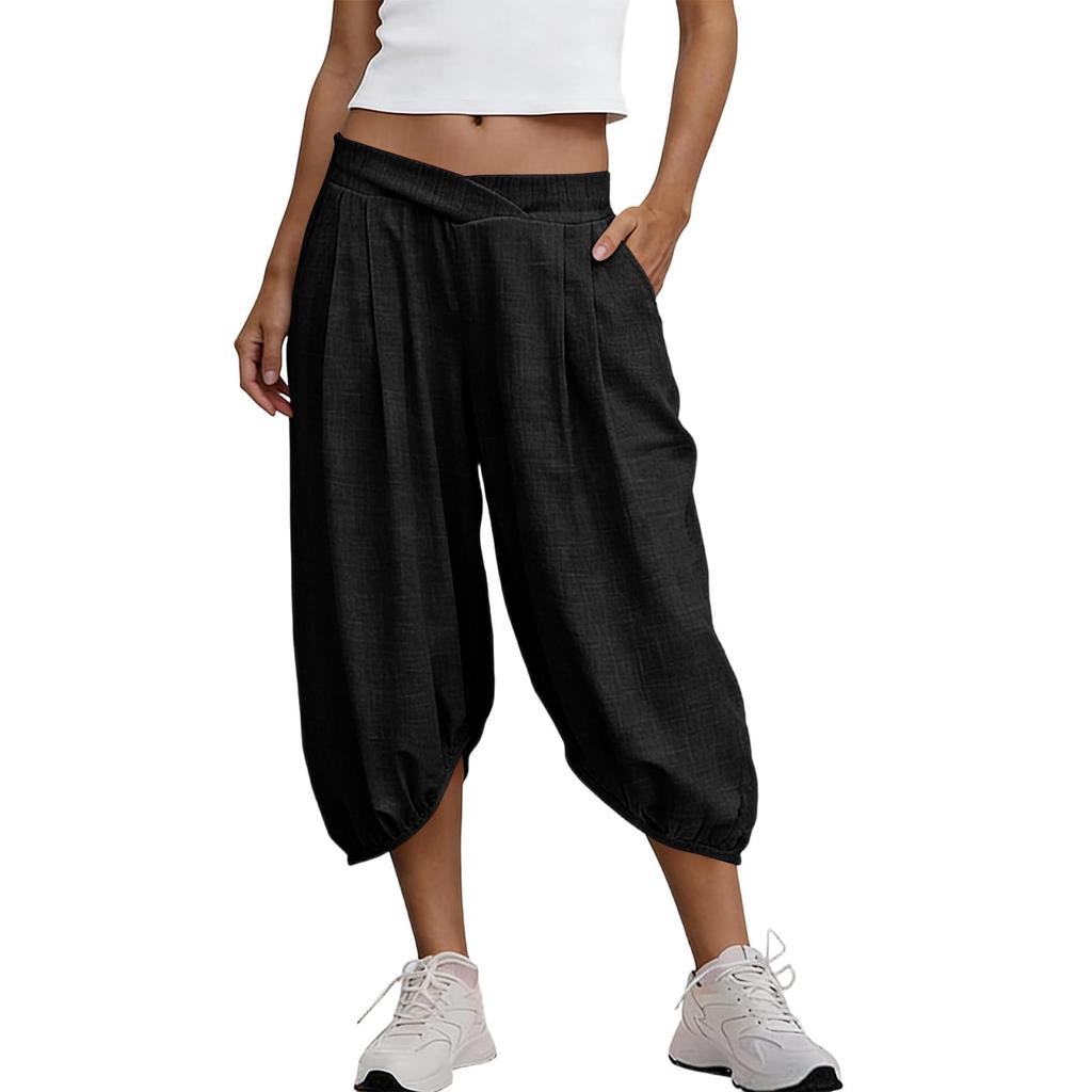 Women Elastic High Waist 3/4 Pant Casual Fit Wide Capris Leg Pants Trousers With Pockets